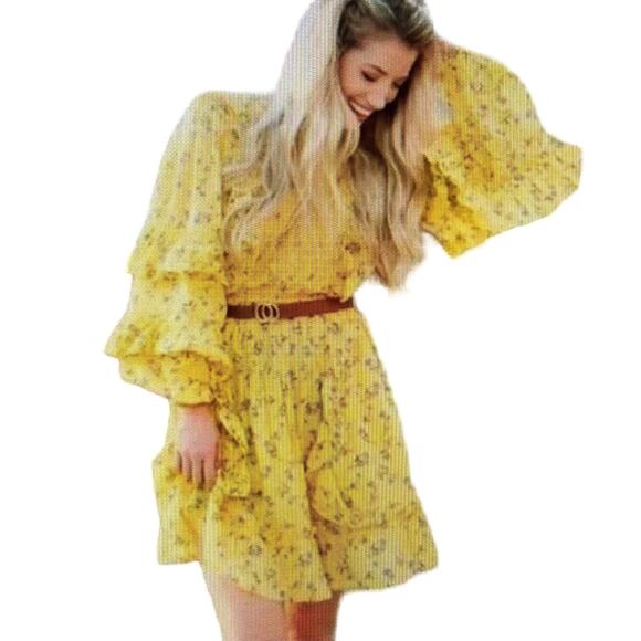 Happy X Nature By Kate Hudson Dress Size Large Ditsy Mini Floral Ruffle Yellow - Picture 1 of 16